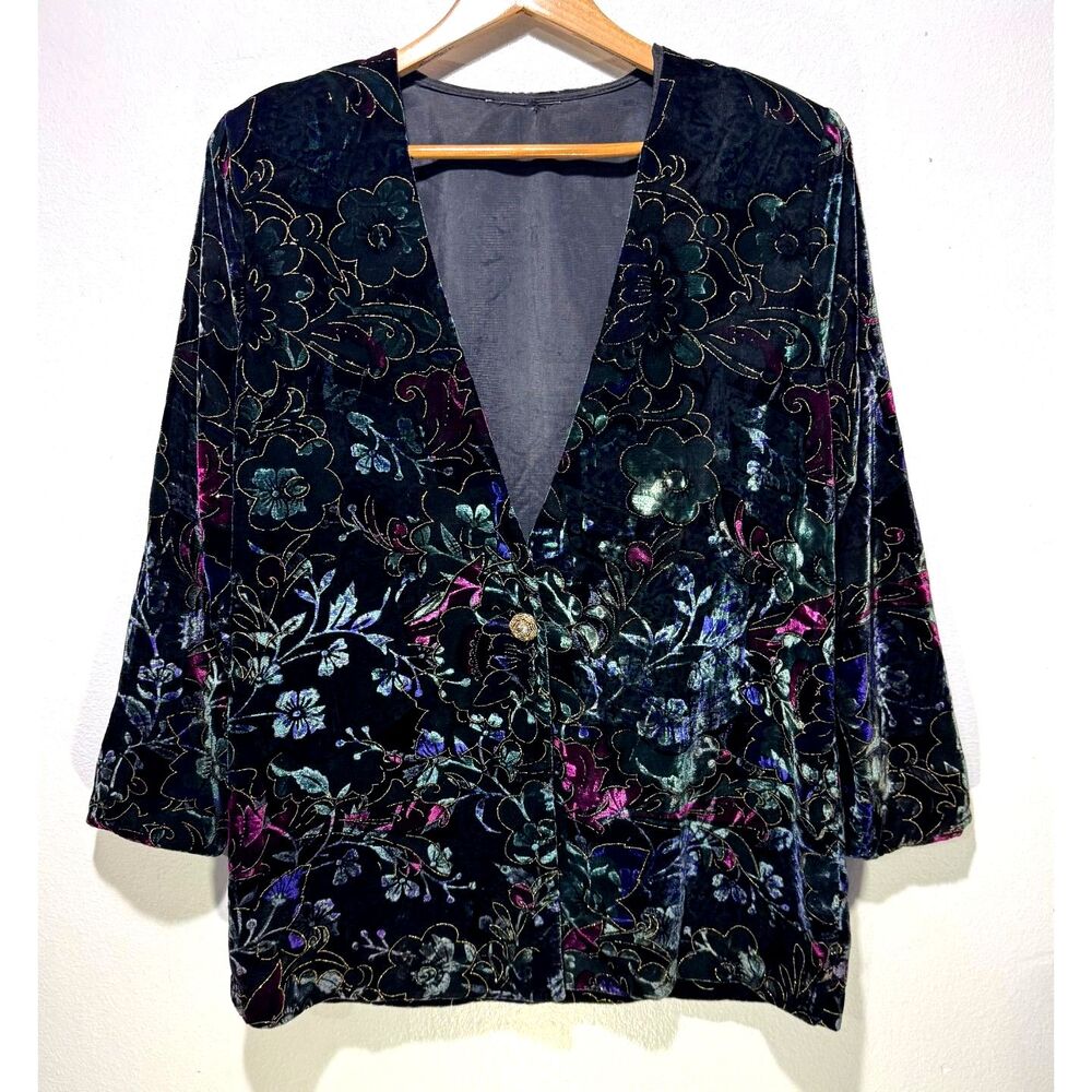 VTG Velvet jacket blazer dark floral fairy festive whimsy goth bohemian women L